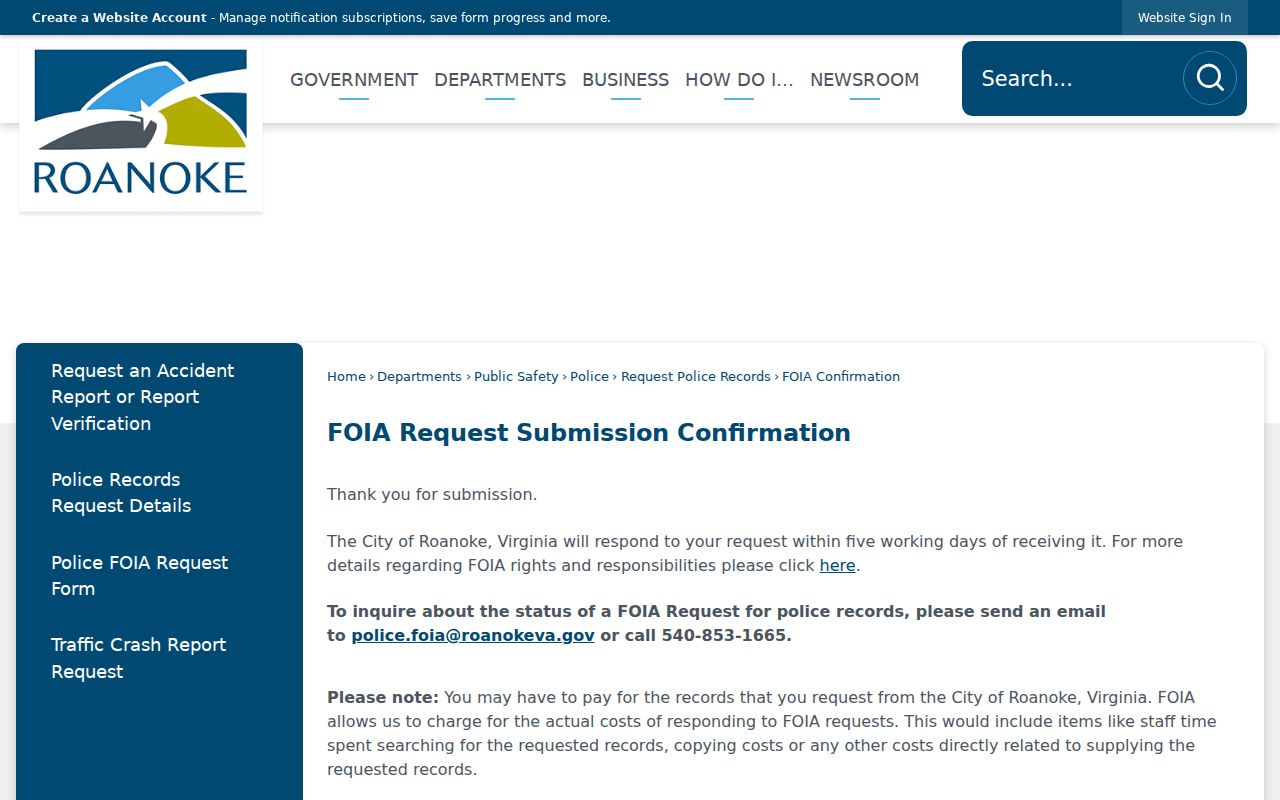Roanoke City arrest record FOIA confirmation and request process