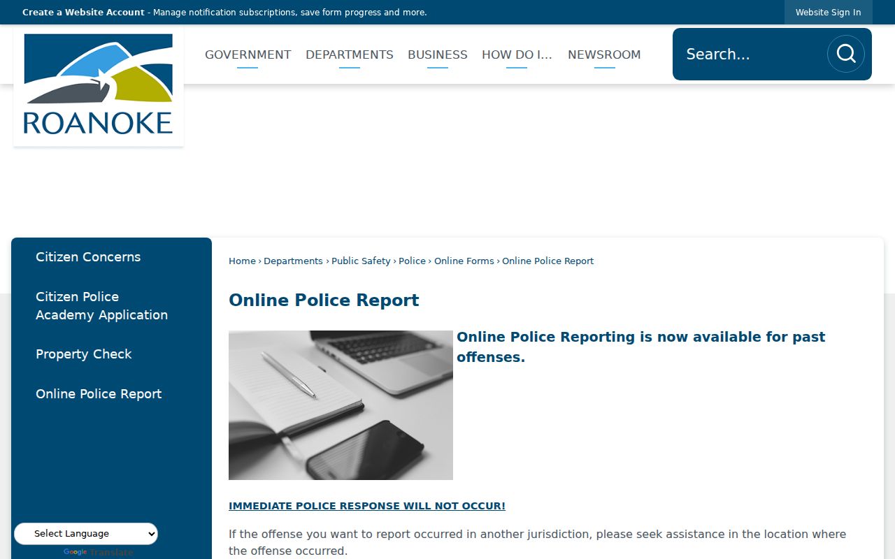 Roanoke criminal records and the separate RPD online incident reporting channel