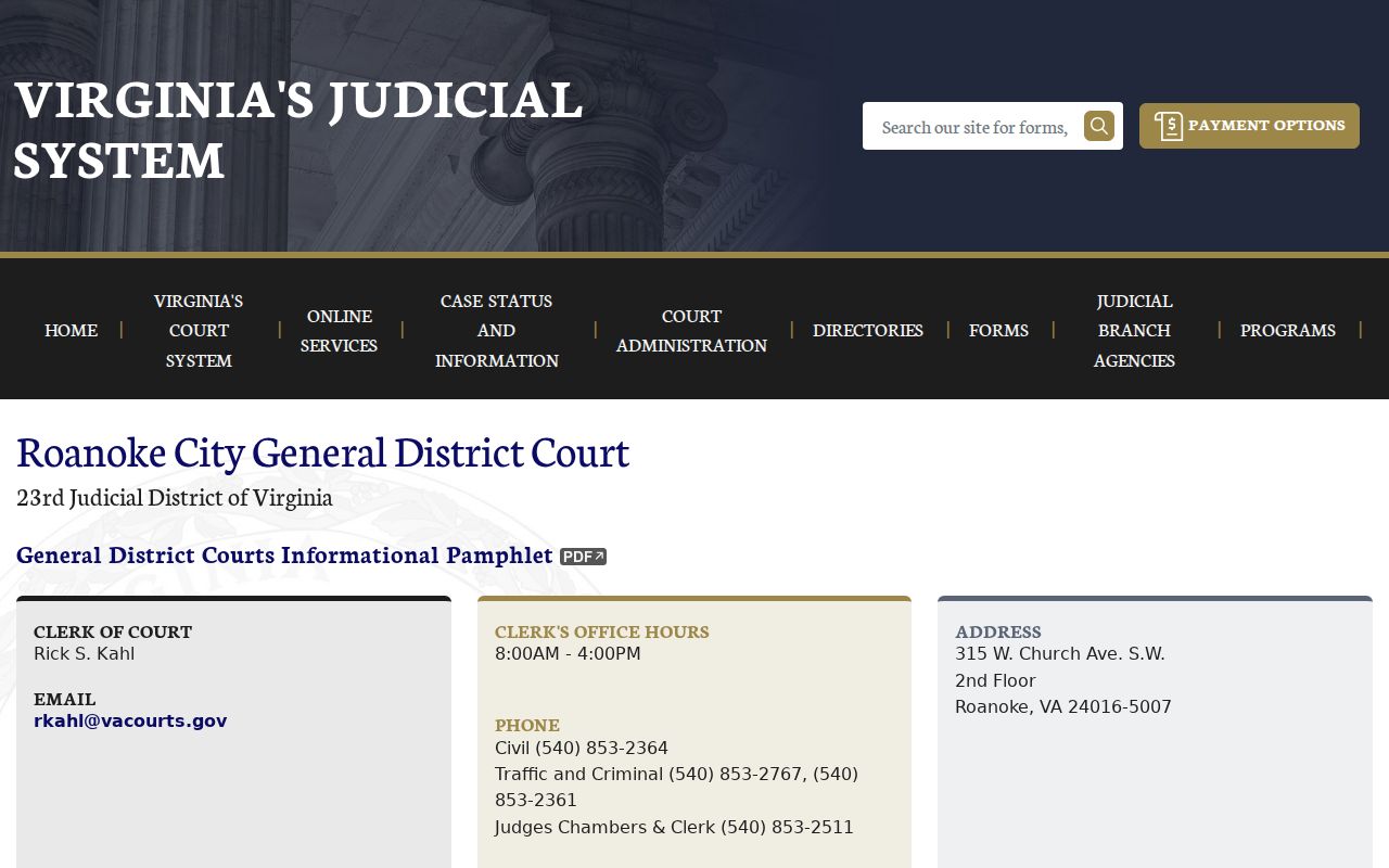 Roanoke criminal records contact and docket page for General District Court
