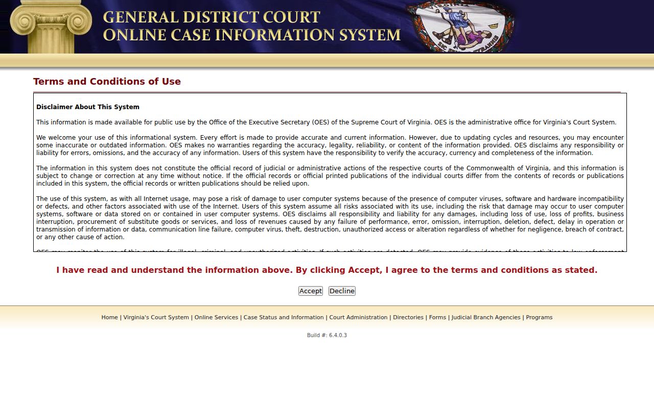 Roanoke City criminal court case search in the Virginia GDC interface