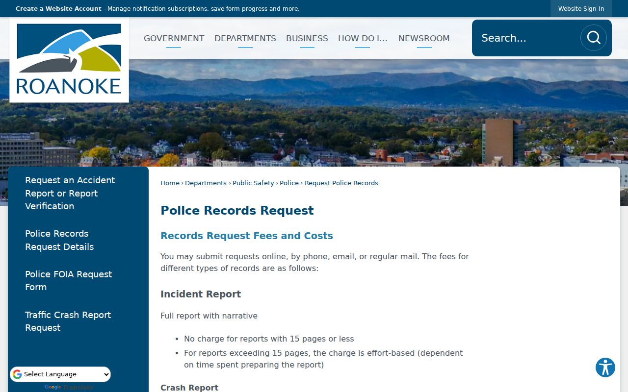 Roanoke City police criminal record request channels
