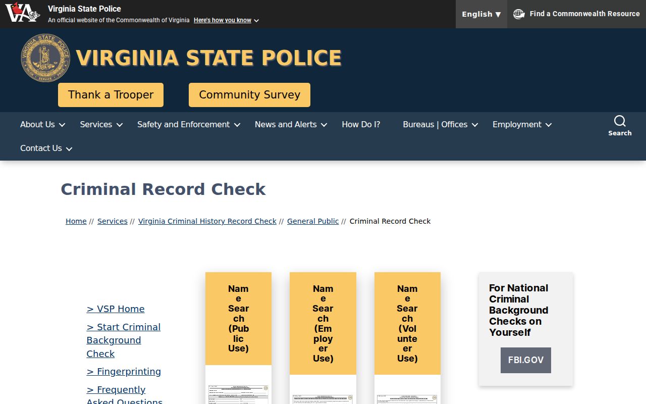 Roanoke City criminal record request in the Virginia SP-167 builder