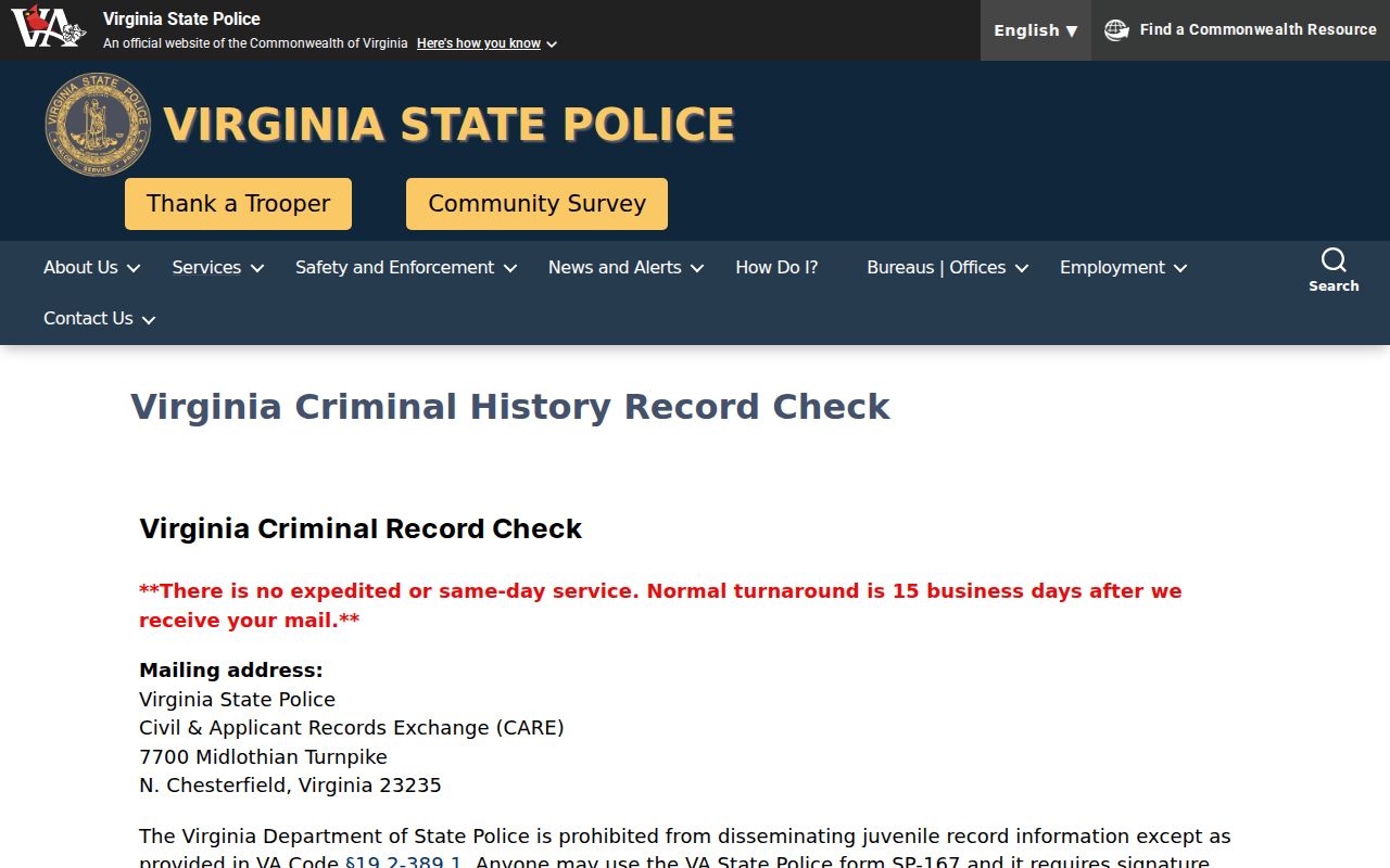 Roanoke City criminal history options on the Virginia State Police background page